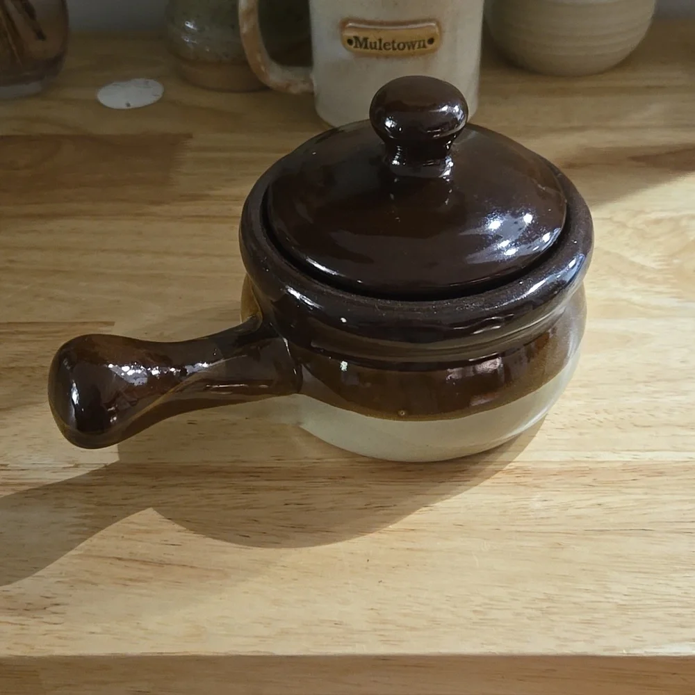 Antique Brown and Cream Ceramic Soup Bowl with Handle - Picture 3 of 9